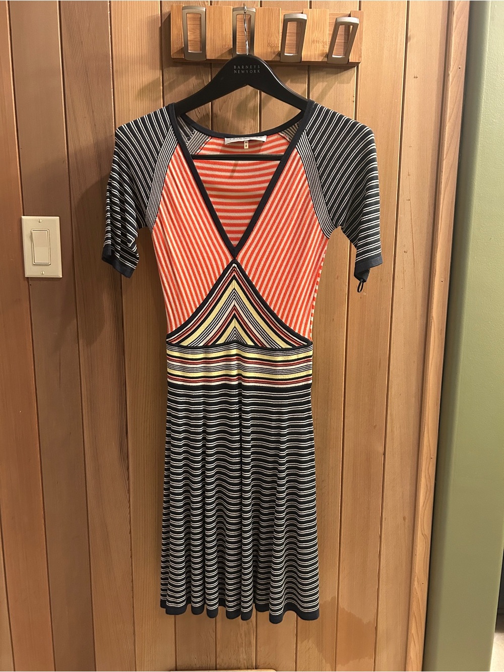 Trina Turk Striped V‑Neck Midi Dress in Coral, Black and Yellow